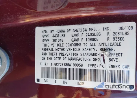 2009 Honda Accord 2.4 Ex z USA, uszkodzony, nr VIN 1HGCP26789A199056